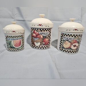 Susan Winget VTG Fruit Hearts Farmhouse Cottagecore Canisters w/ Lids 3 pc